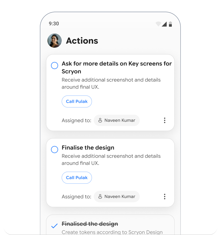 Scryon Actions screen with assigned follow-up tasks
