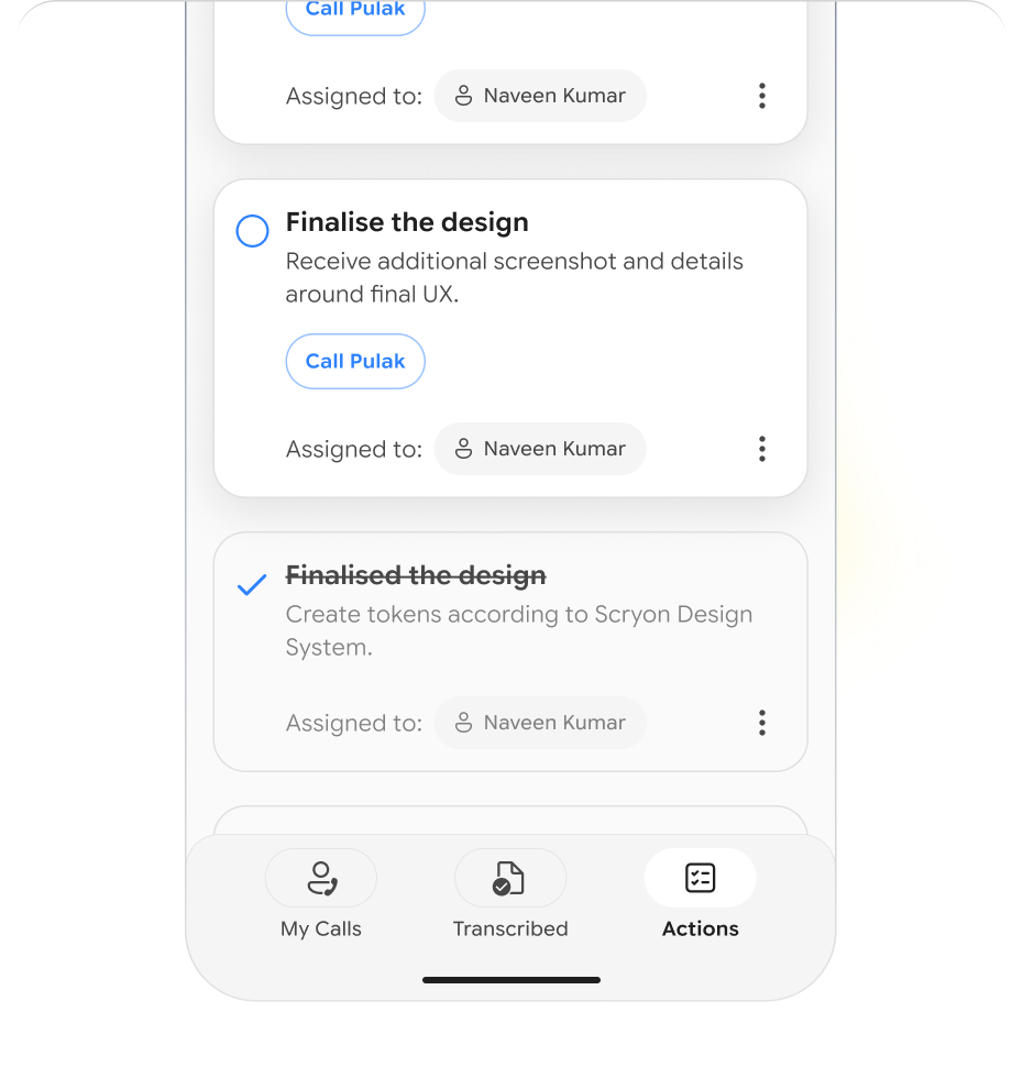 Scryon Actions screen showing active and completed tasks