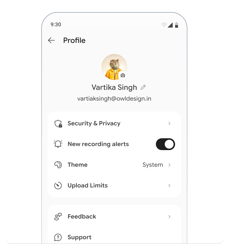 Scryon profile screen with privacy, recording, theme, and upload controls