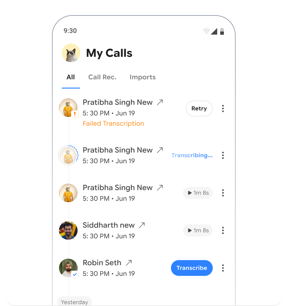 Scryon My Calls screen showing recorded calls and transcription status