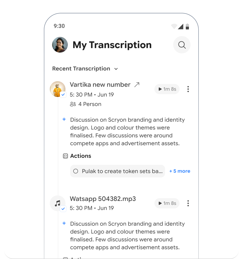 Scryon transcription library with summaries and extracted actions