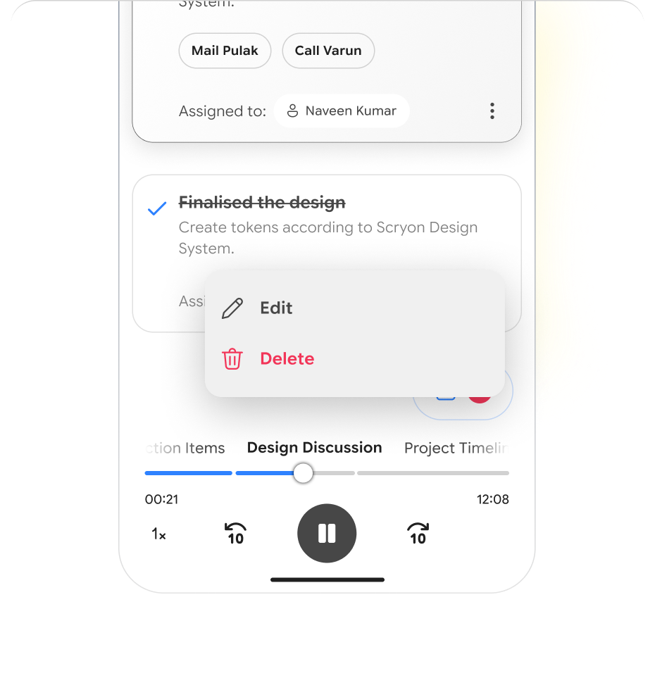 Scryon contextual menu for editing or deleting an extracted action